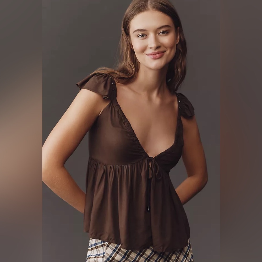 NWT Anthropologie Medium Scoop Neck Ruffle Top Brown Olive Fairycore Whimsy